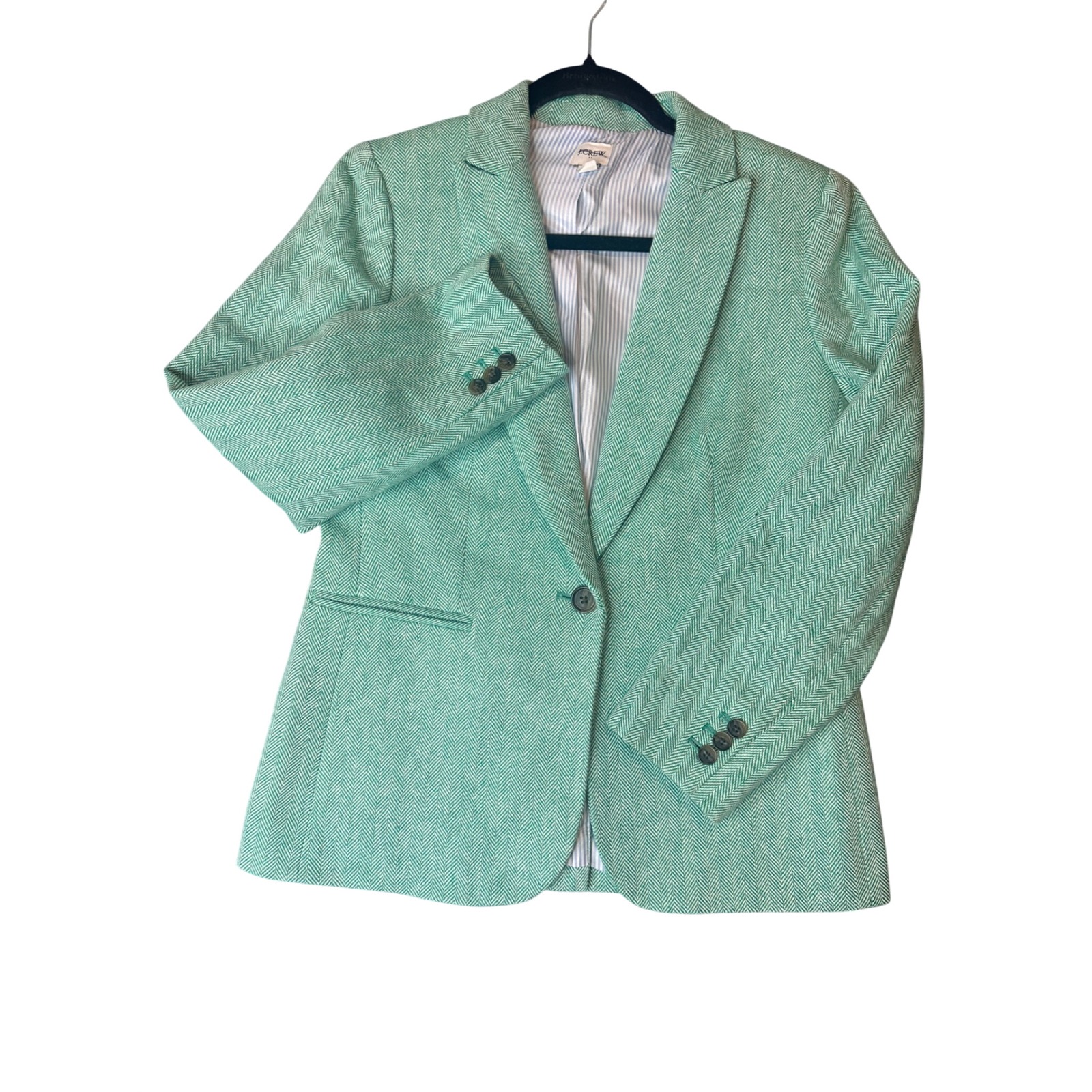 J.Crew Green Herringbone Linen Cotton Blazer Jacket 6p Pinstripe Lining